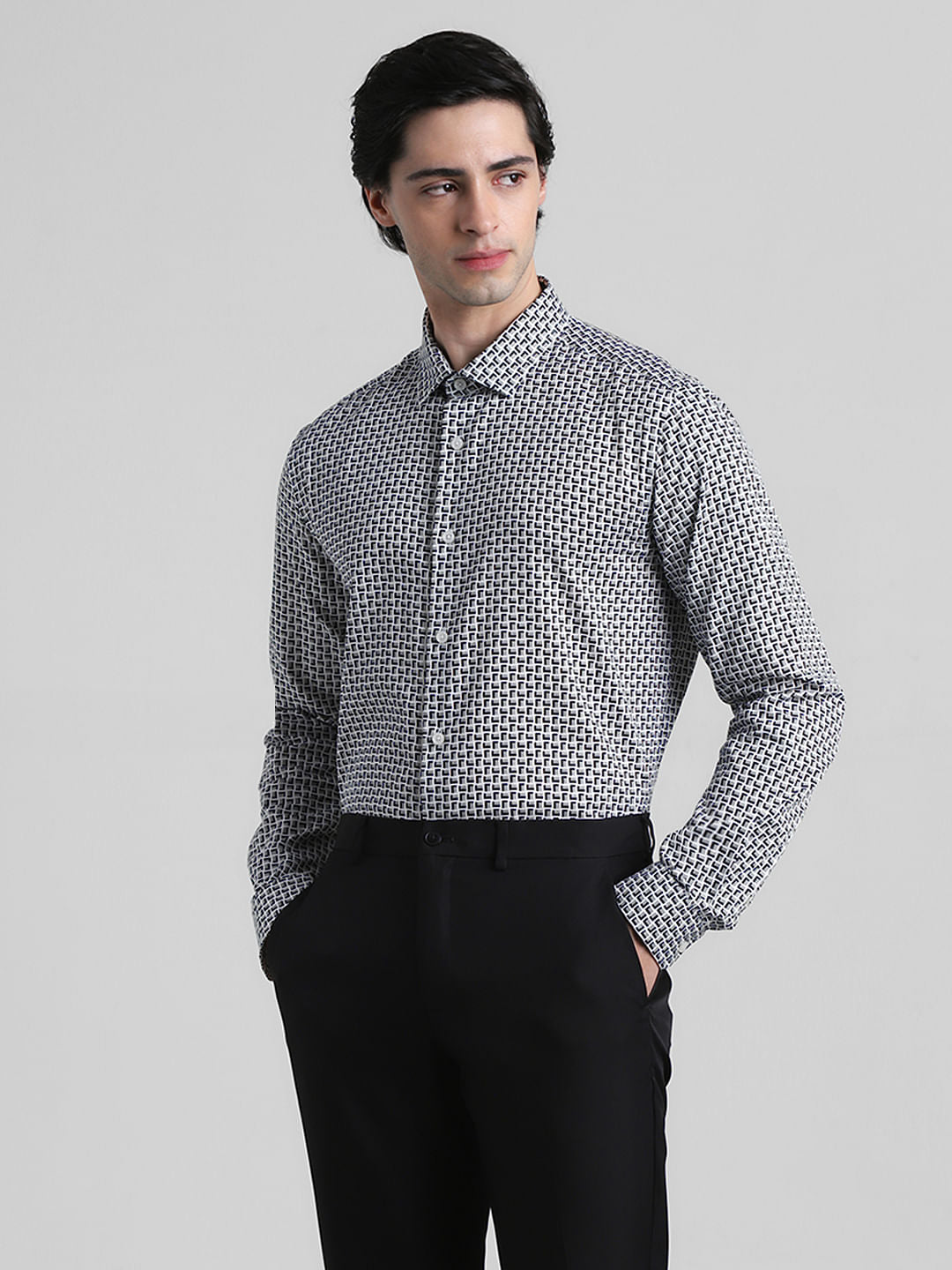 White Printed Dobby Full Sleeves Shirt