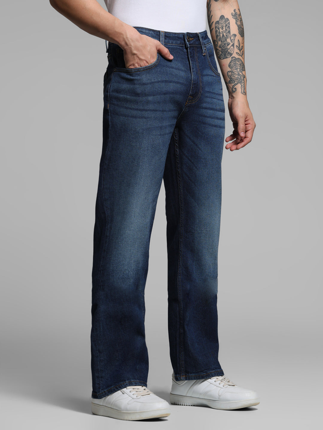 Men's Dark Blue Slim Fit Bootcut Stretch Jeans