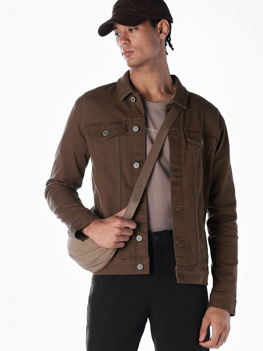 Dark Brown Regular Fit Denim Jacket - Image 1