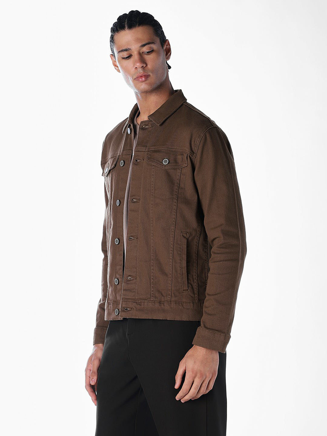 Dark Brown Regular Fit Denim Jacket
