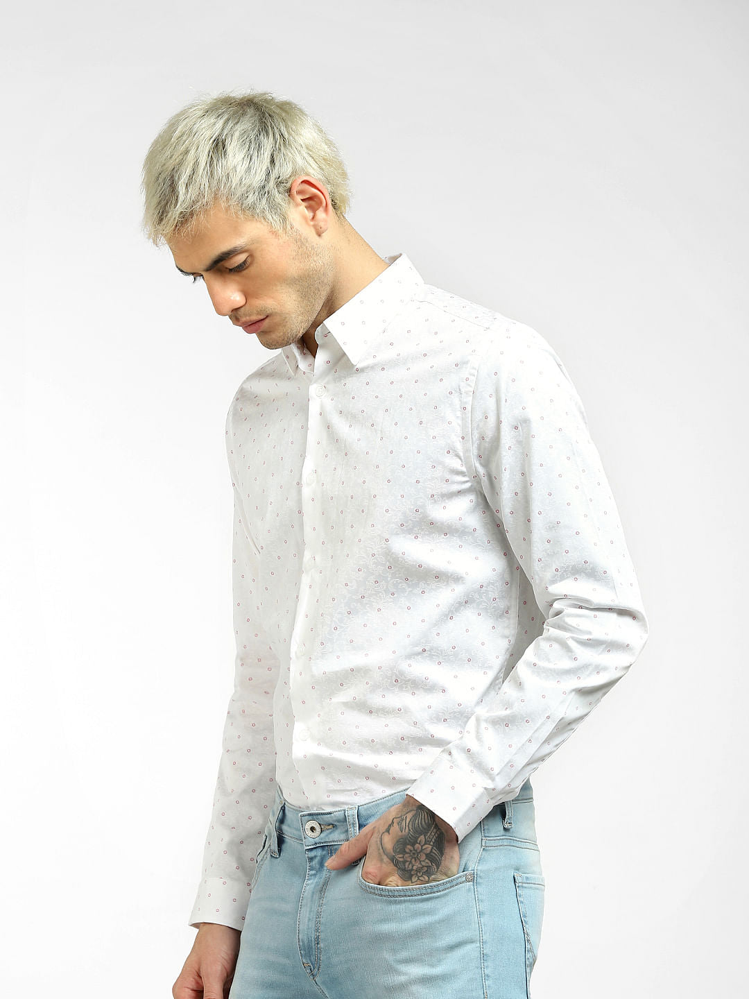 White Floral Print Full Sleeves Shirt