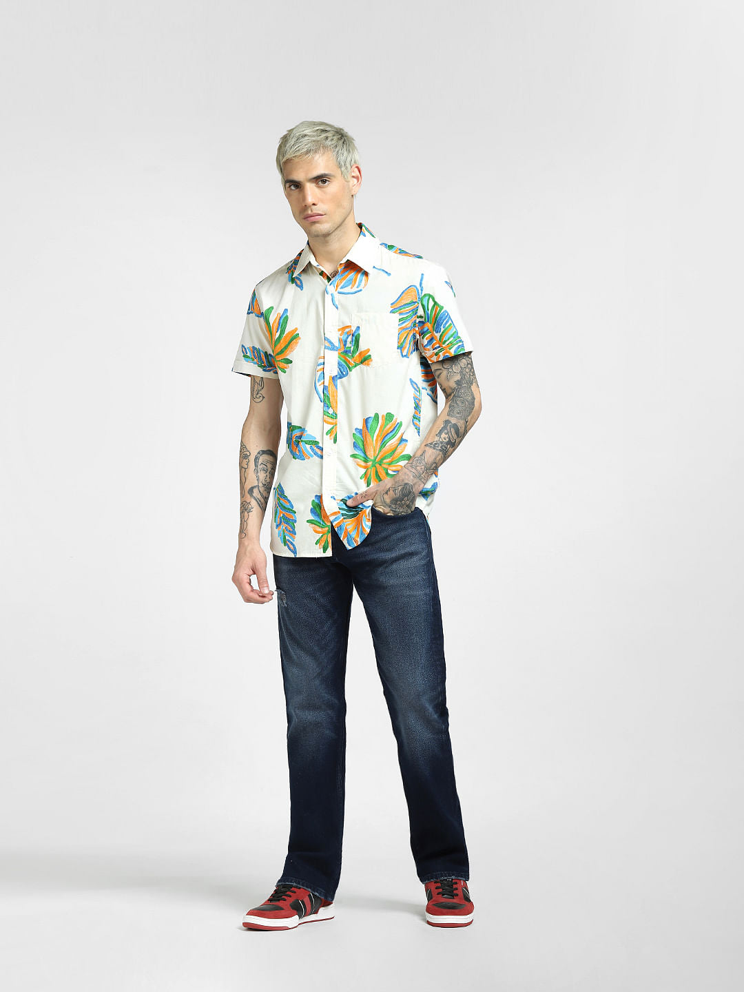 Light Beige Printed Half Sleeves Shirt