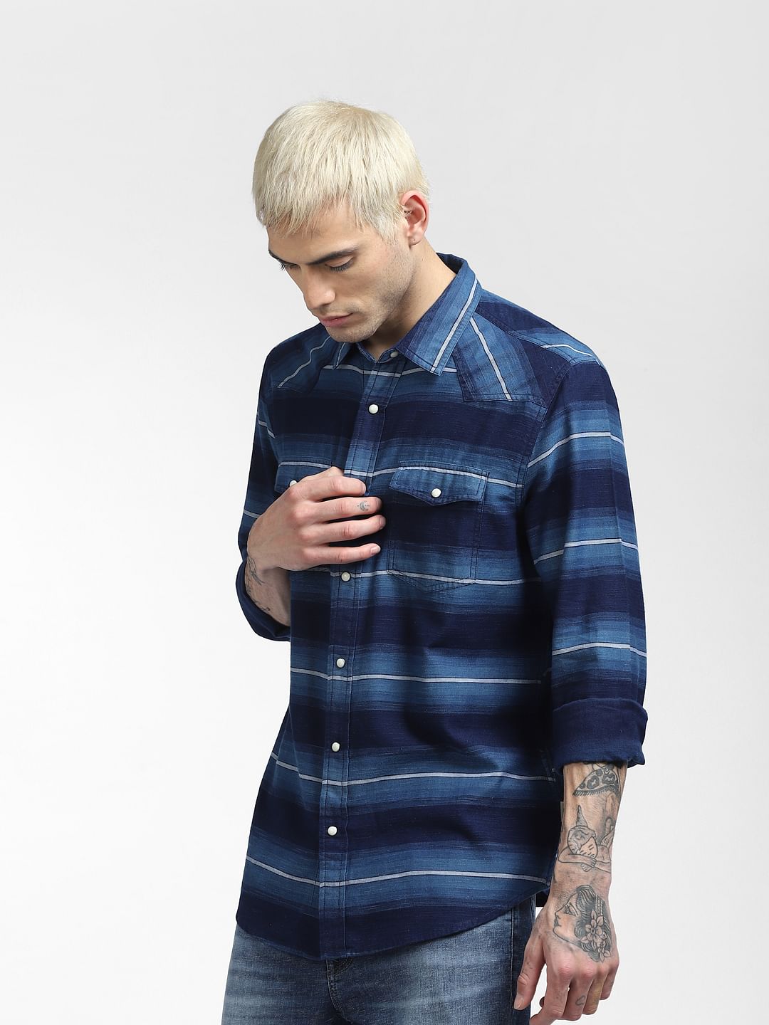 Blue Striped Full Sleeves Shirt