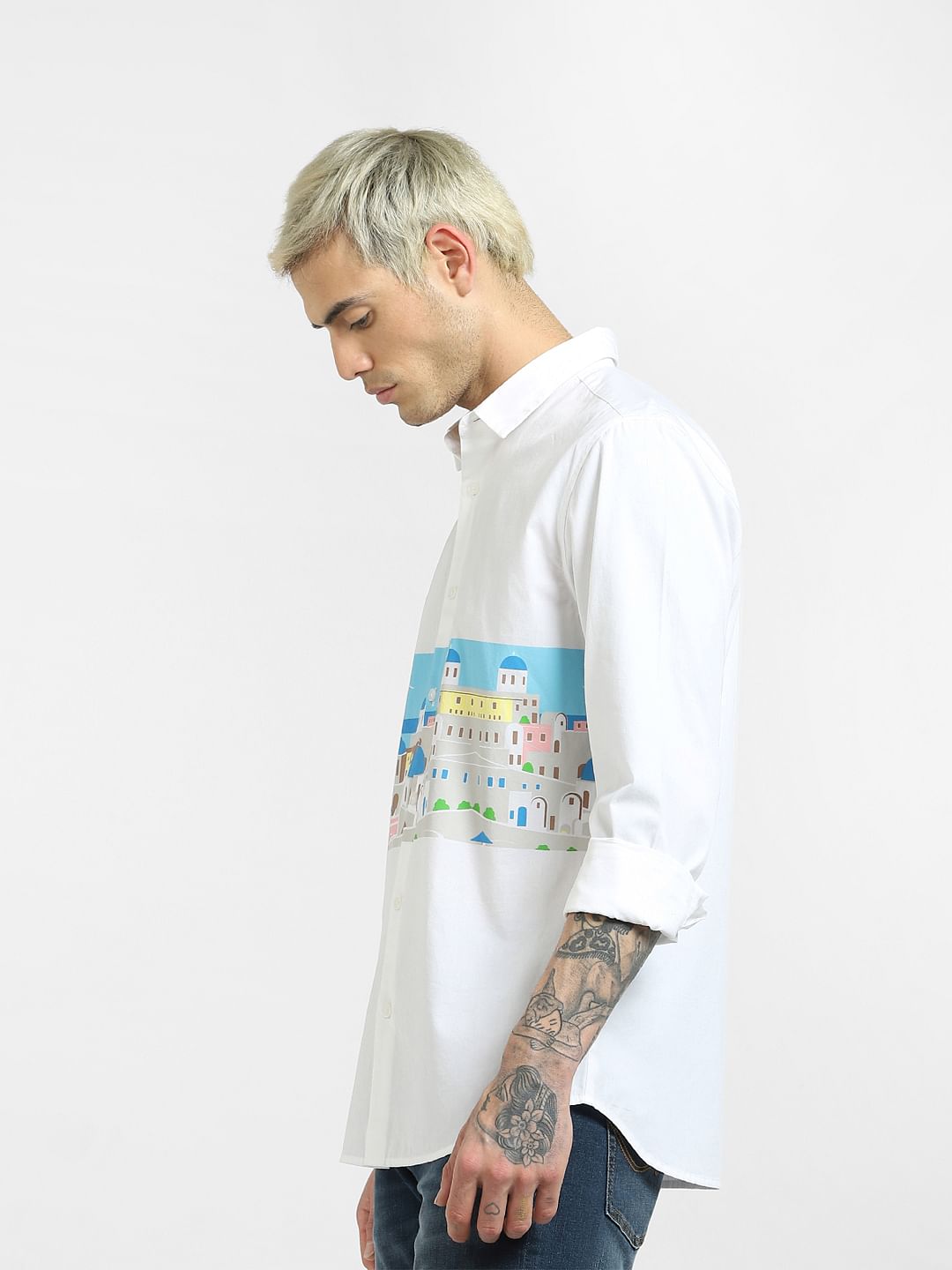 White Graphic Print Full Sleeves Shirt