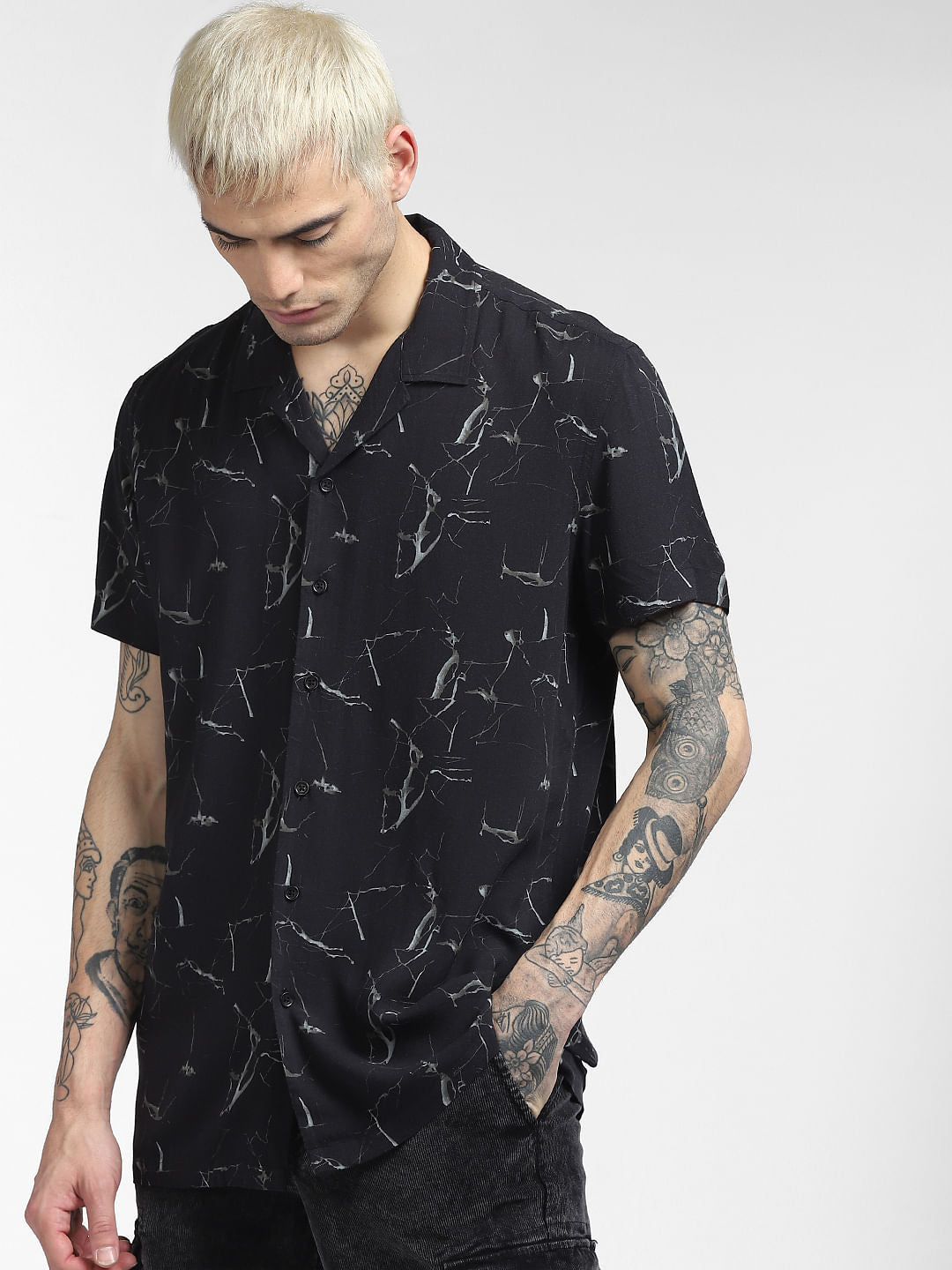Black Abstract Print Half Sleeves Shirt
