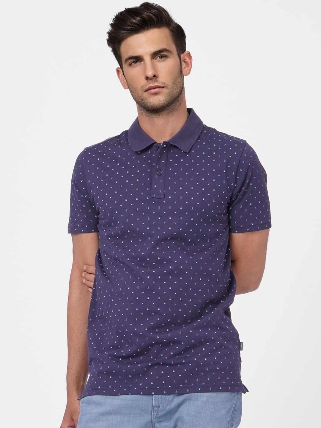 Blue Printed Polo Neck T-shirt