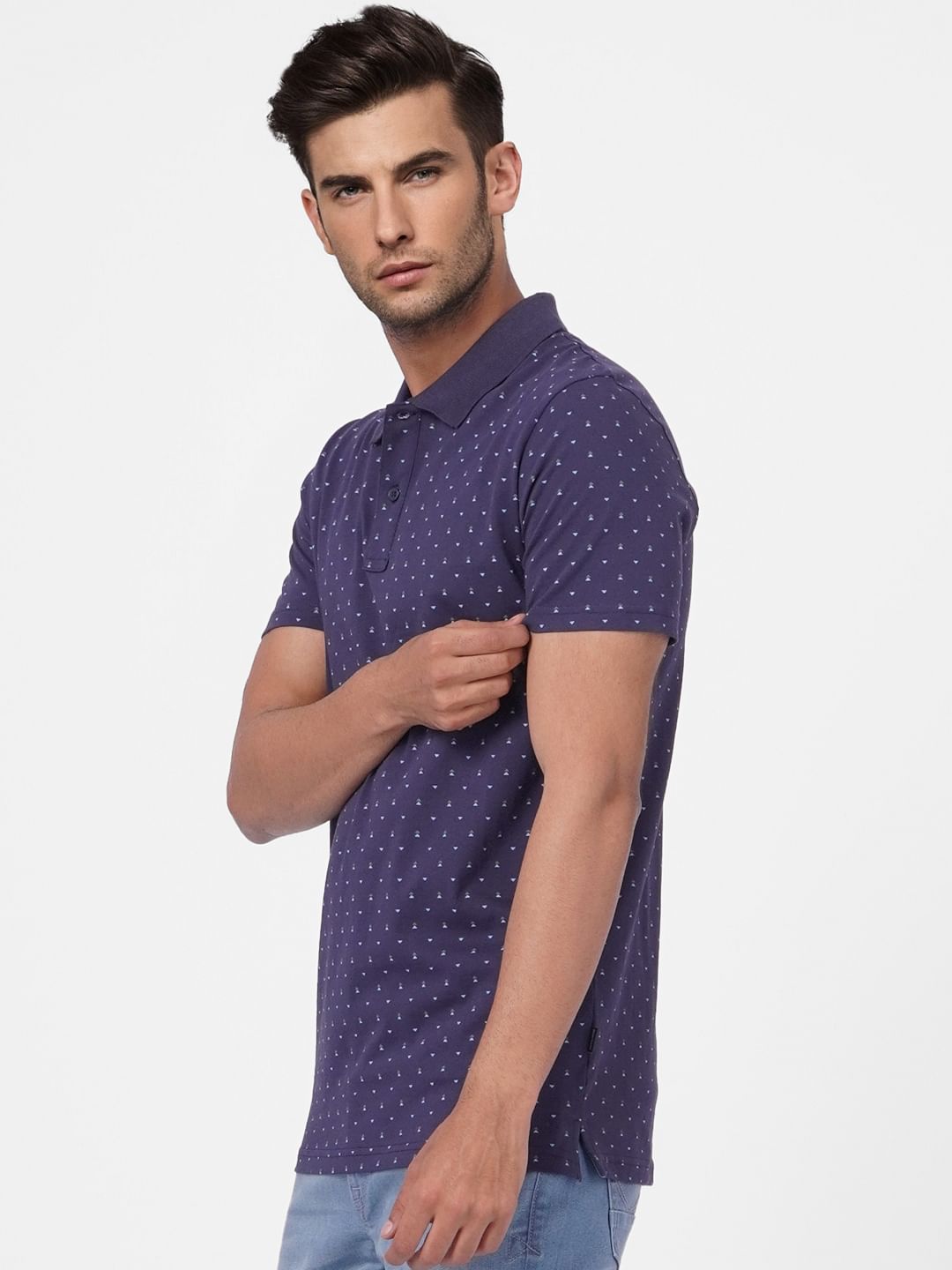 Blue Printed Polo Neck T-shirt