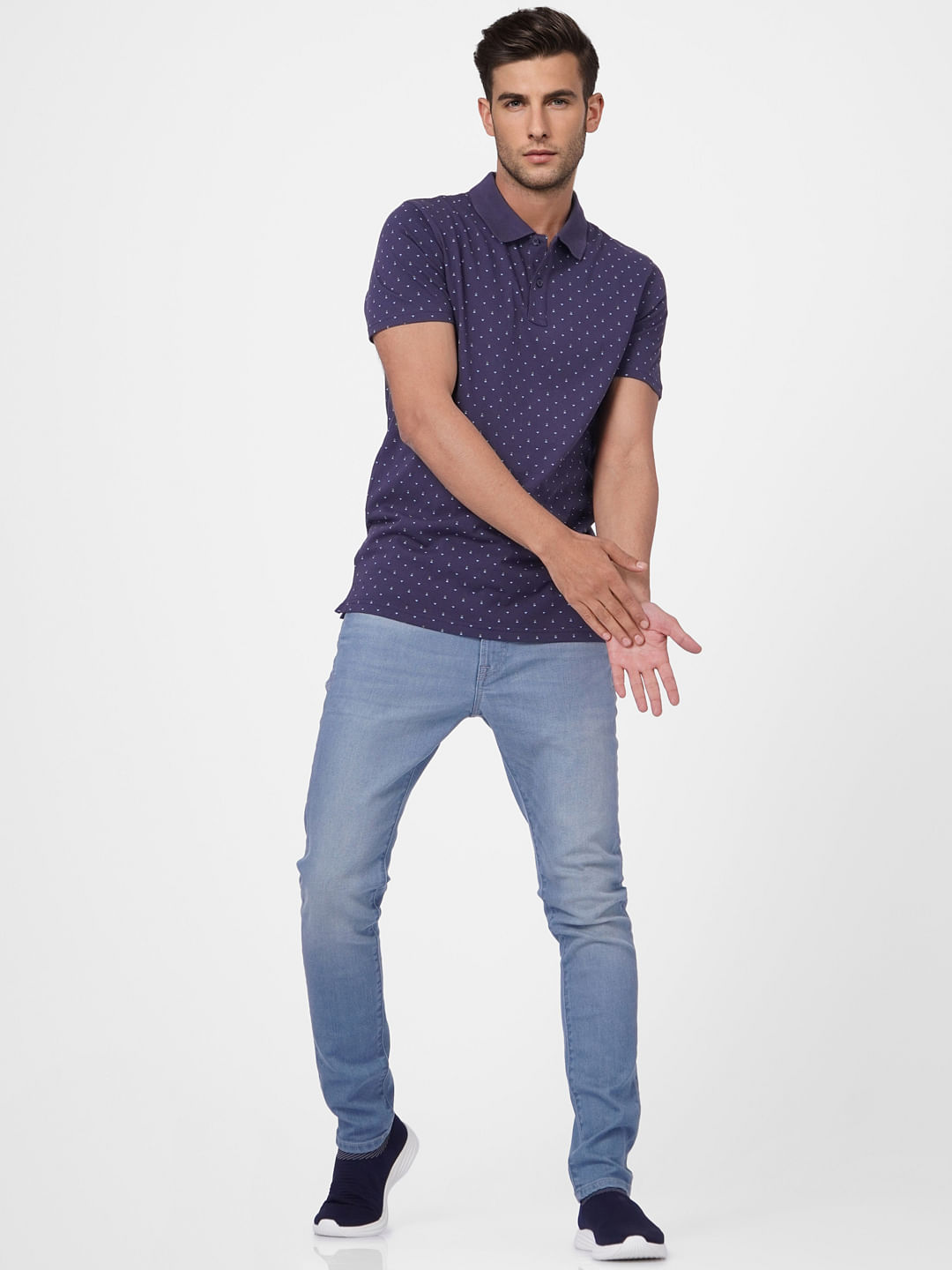 Blue Printed Polo Neck T-shirt
