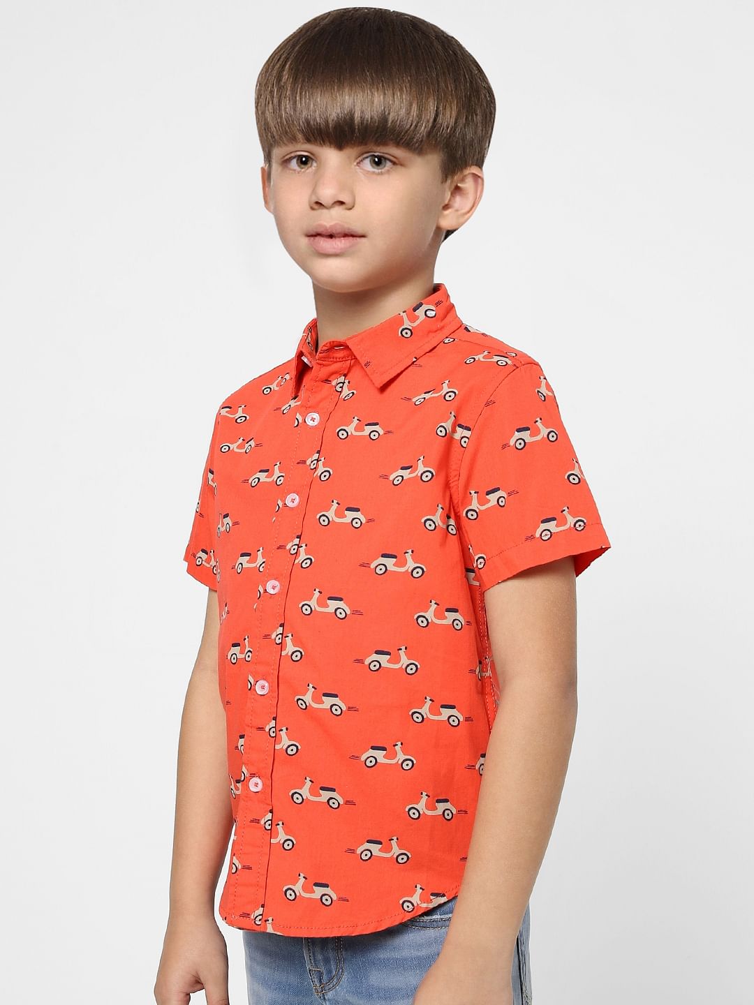 Boys Orange Scooter Print Half Sleeves Shirt