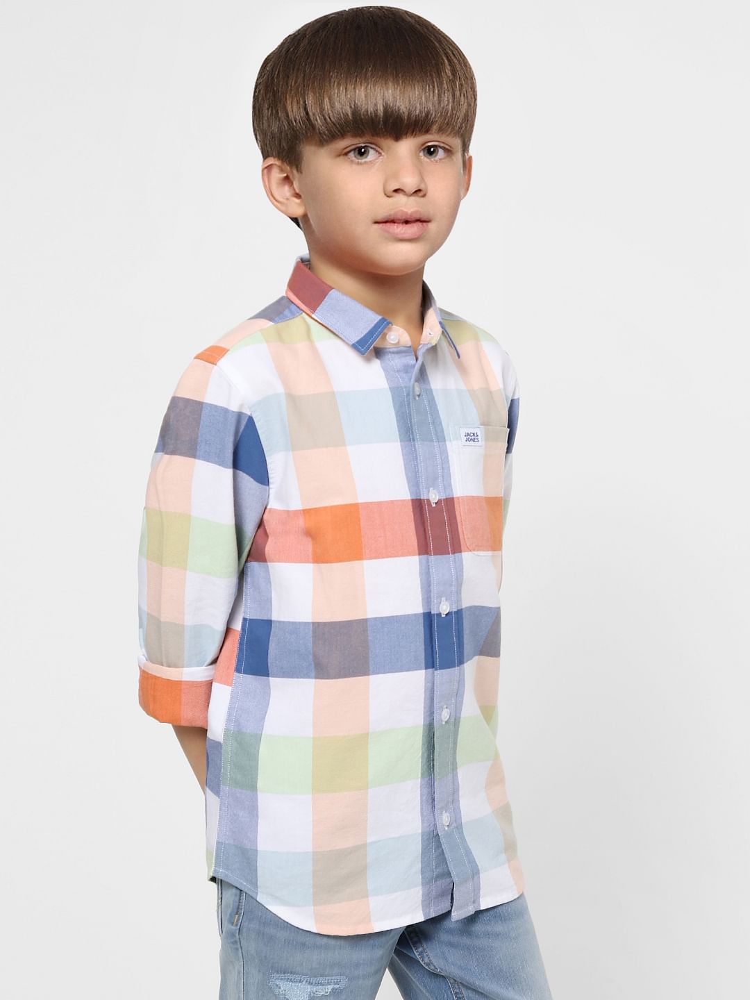 Boys White Check Full Sleeves Shirt