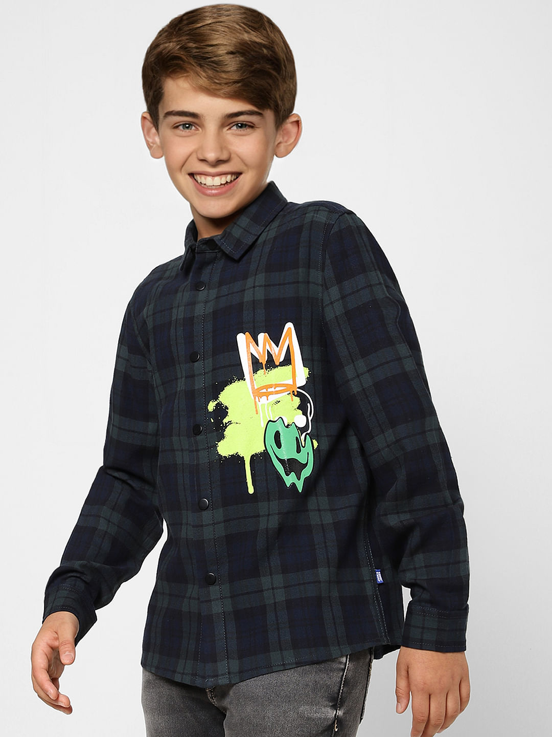 Boys Green Check Full Sleeves Shirt