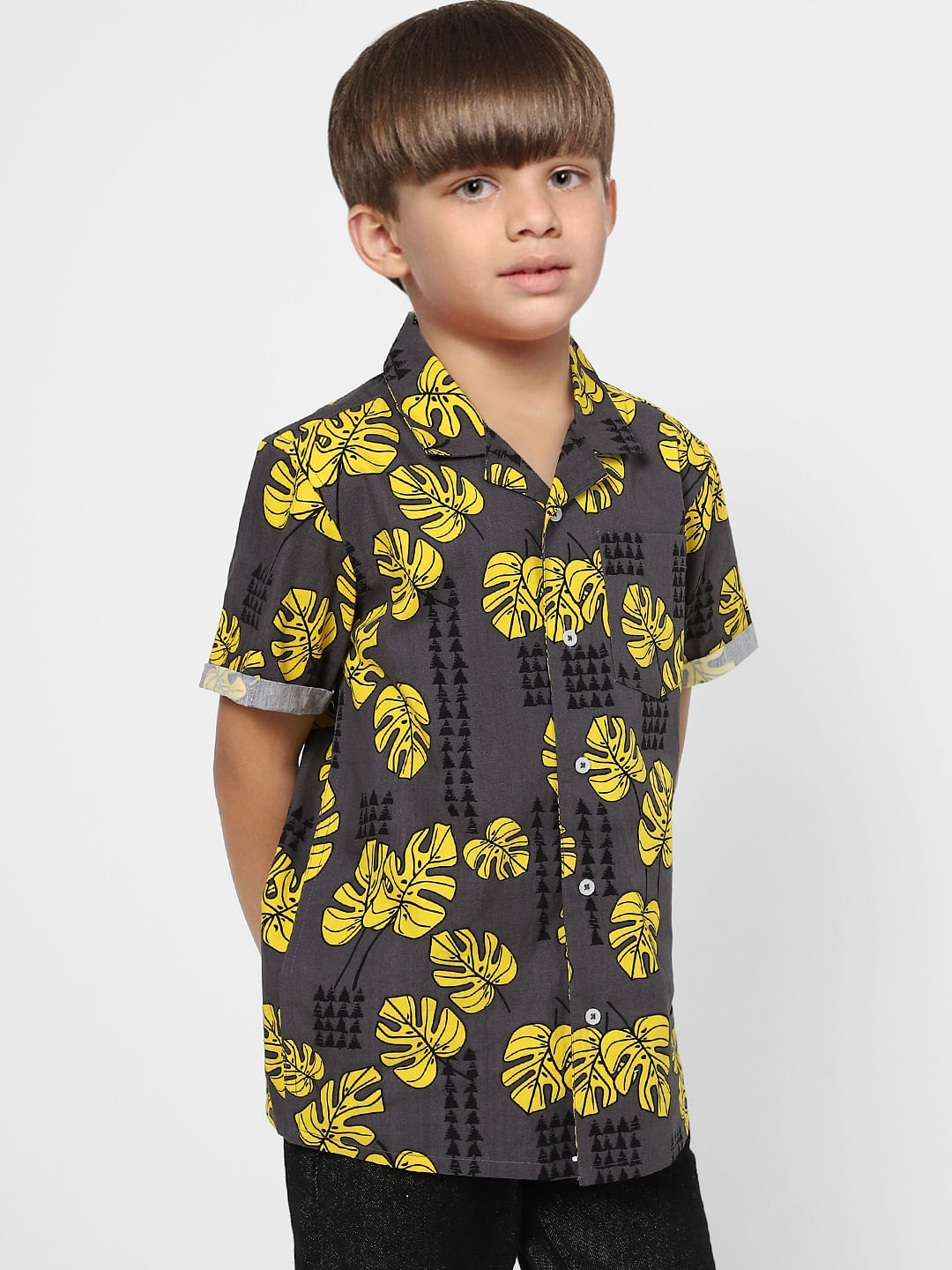 Boys Grey Monstera Print Half Sleeves Shirt