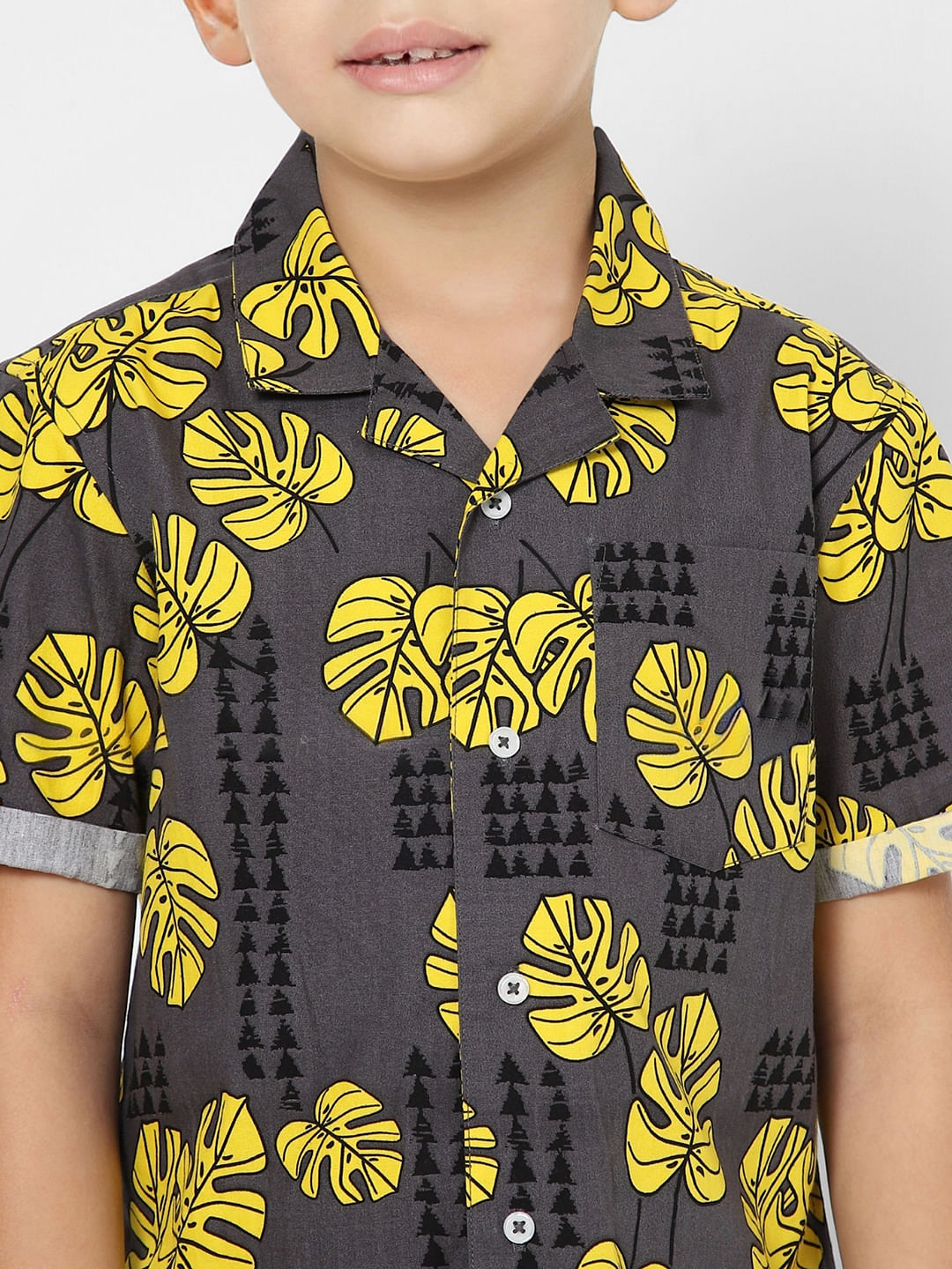 Boys Grey Monstera Print Half Sleeves Shirt