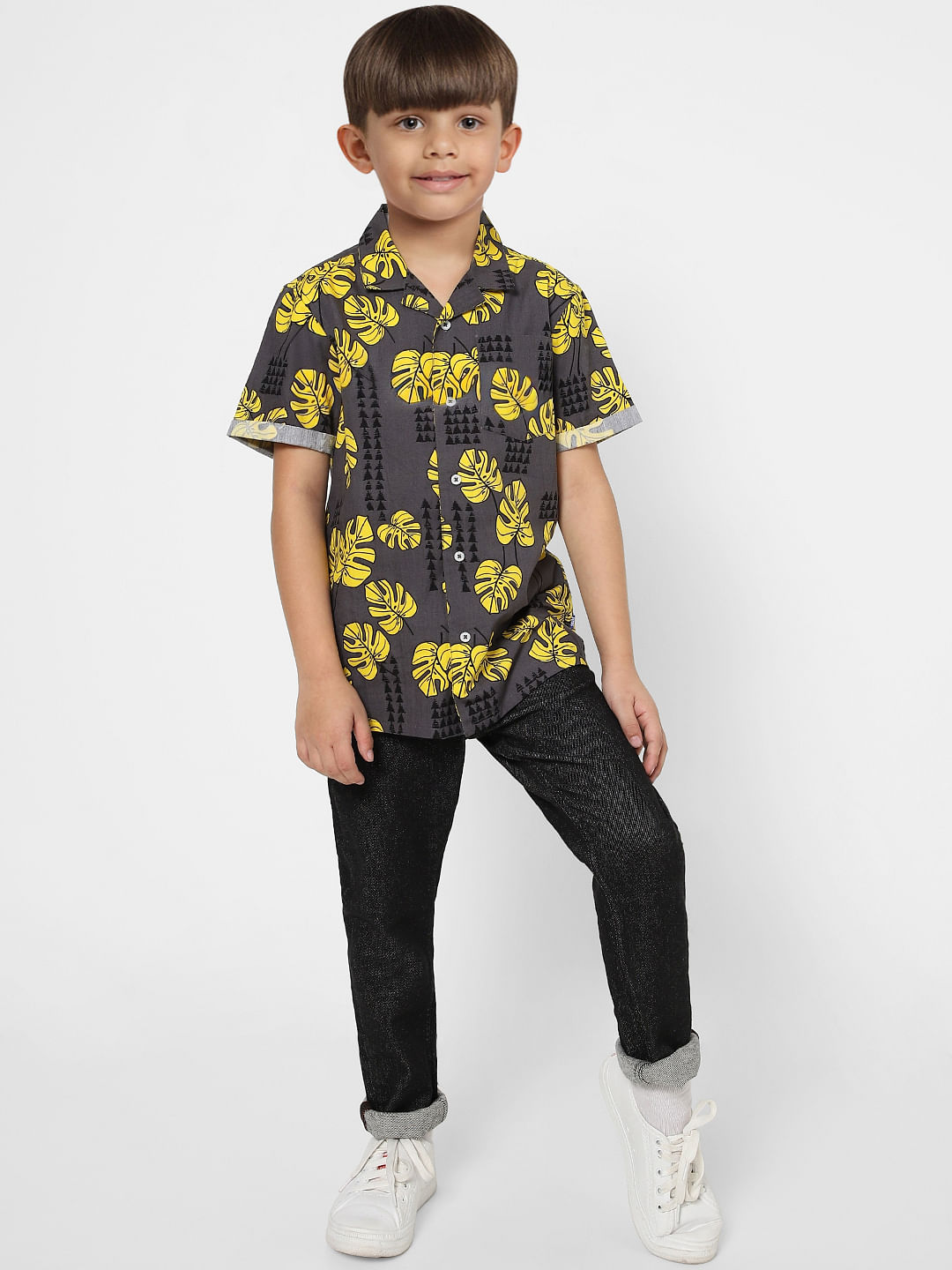 Boys Grey Monstera Print Half Sleeves Shirt