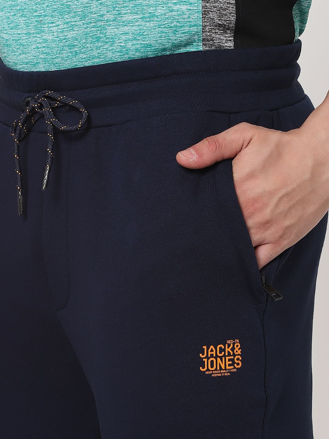 JACK & JONES Navy Blue Mid Rise Drawstring Trackpants