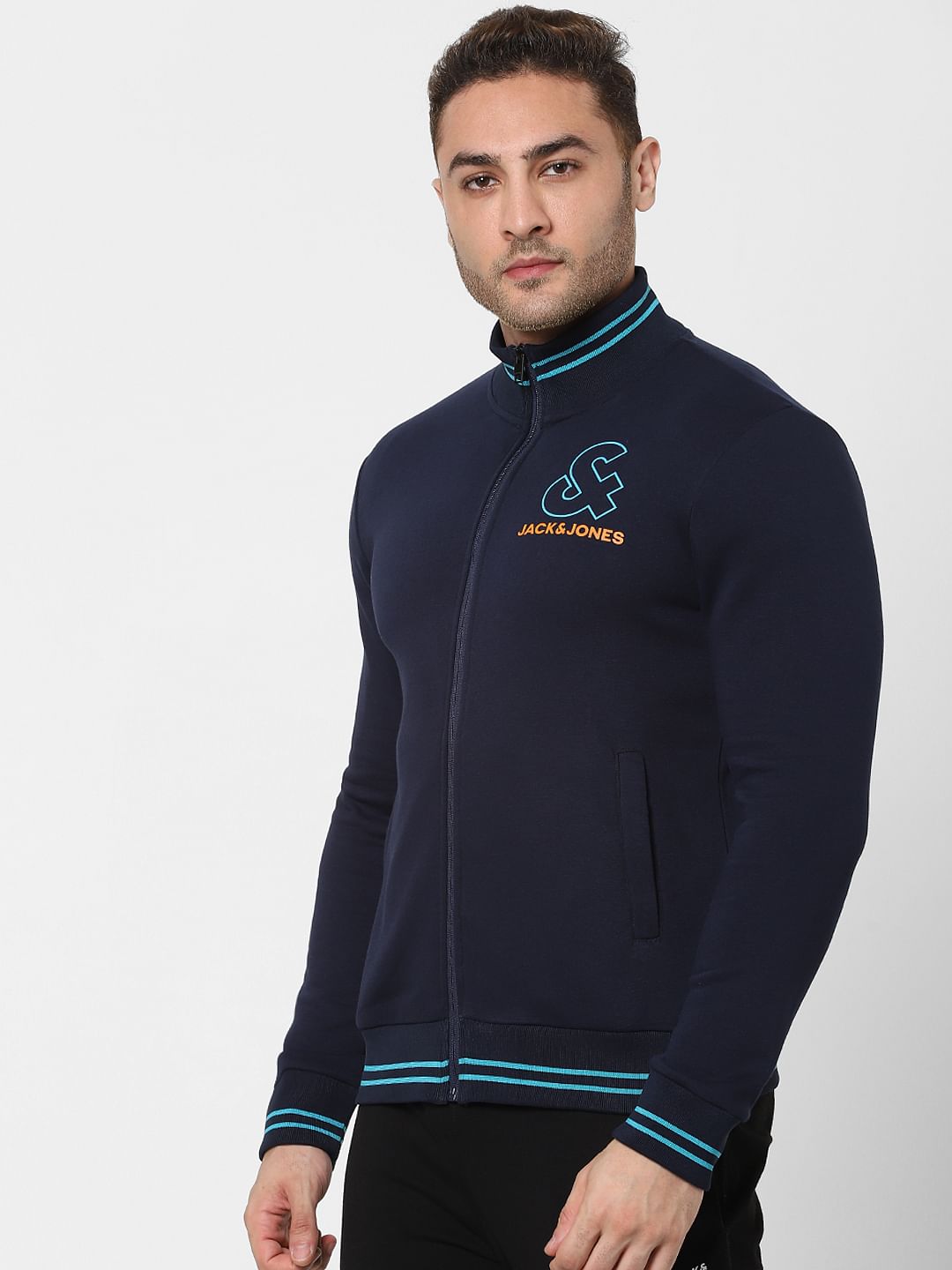 Navy Blue Logo Print Zip Up Sweatshirt