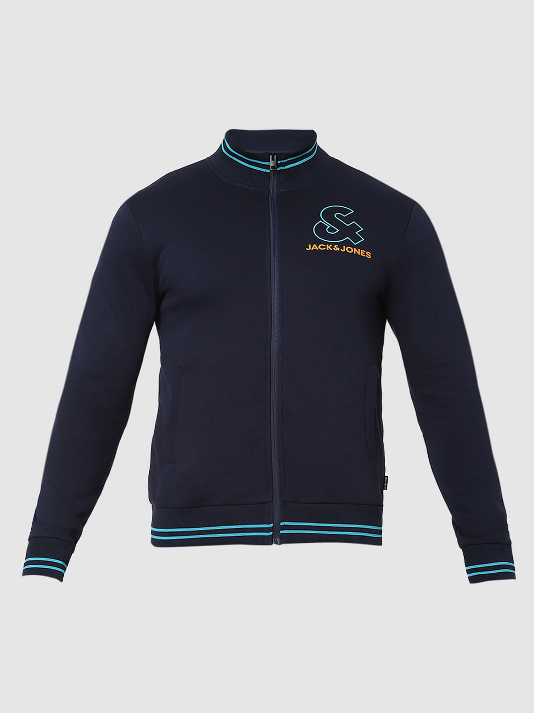 Navy Blue Logo Print Zip Up Sweatshirt