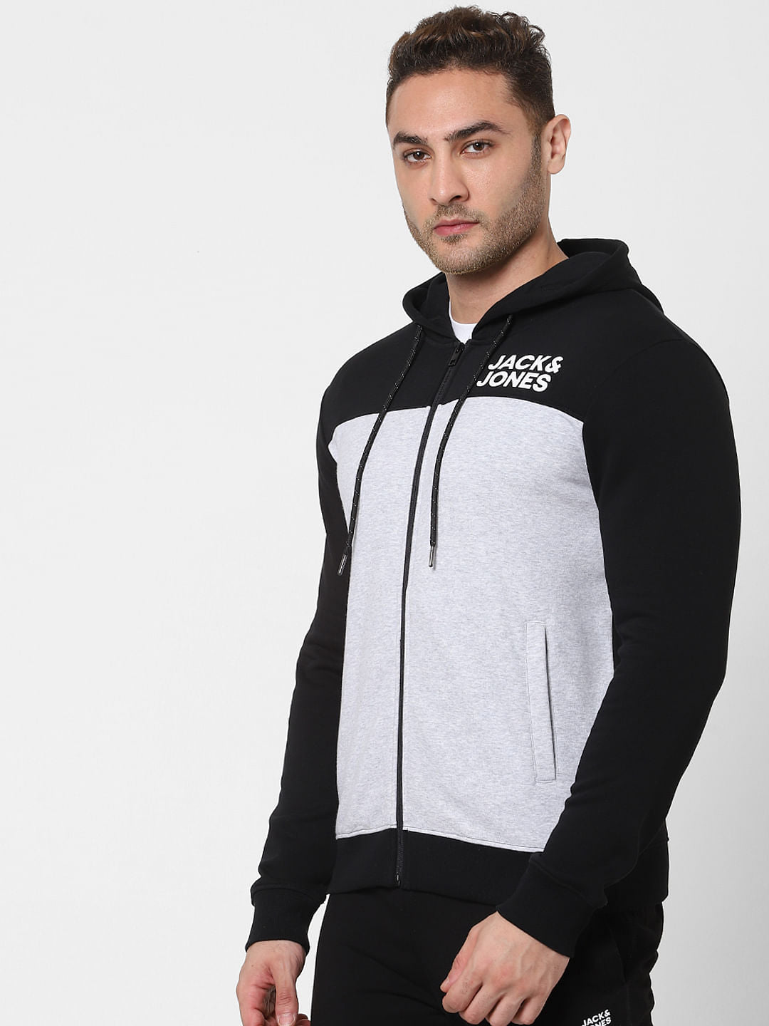 Grey Colourblocked Hooded Sweatshirt