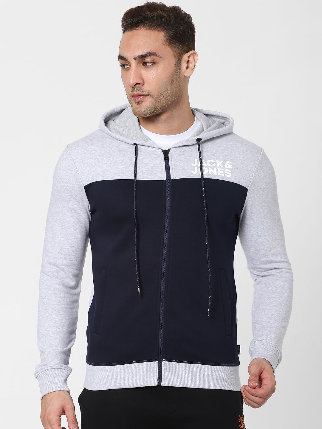 Navy Blue Colourblocked Hooded Sweatshirt