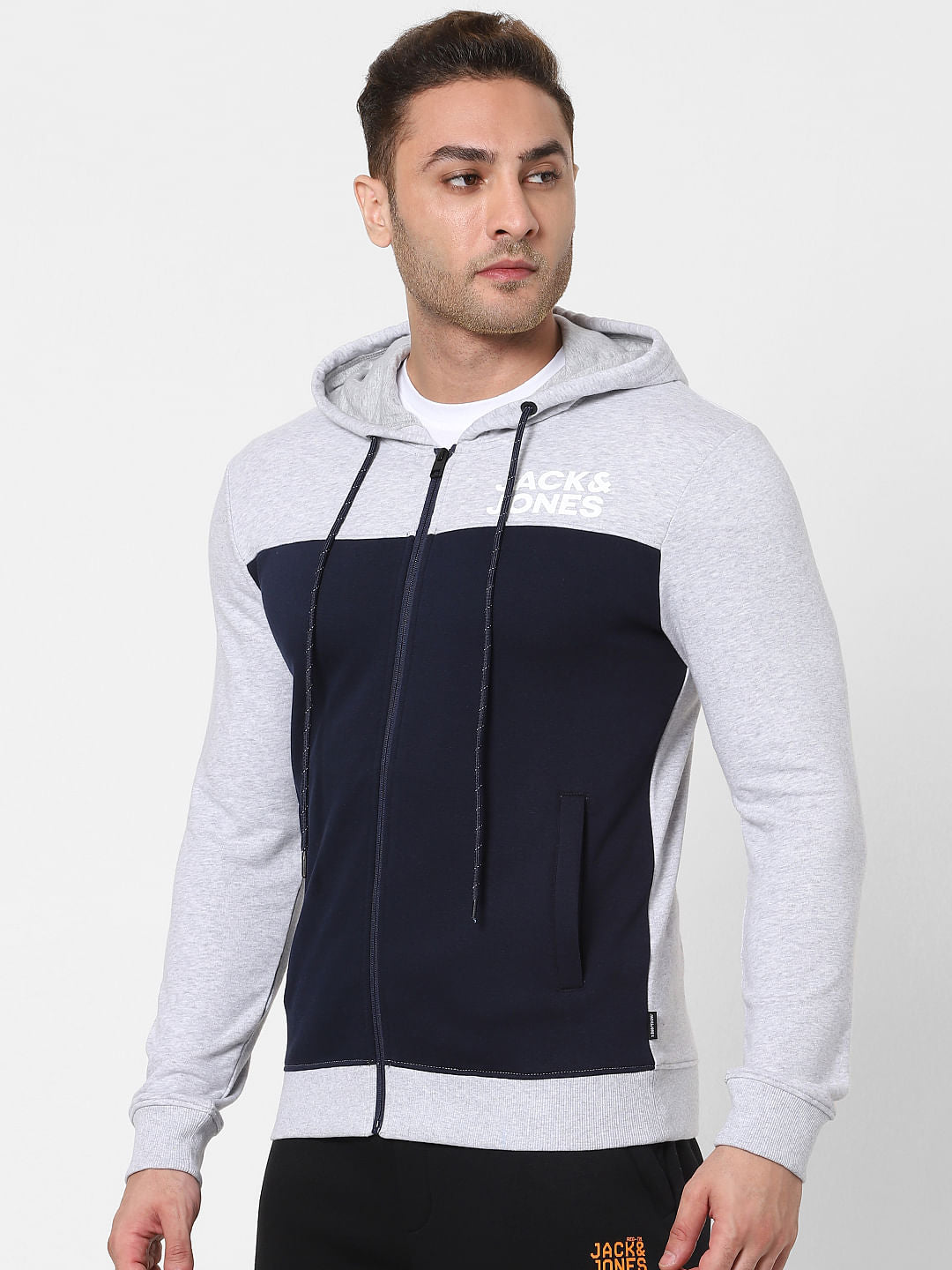 Navy Blue Colourblocked Hooded Sweatshirt