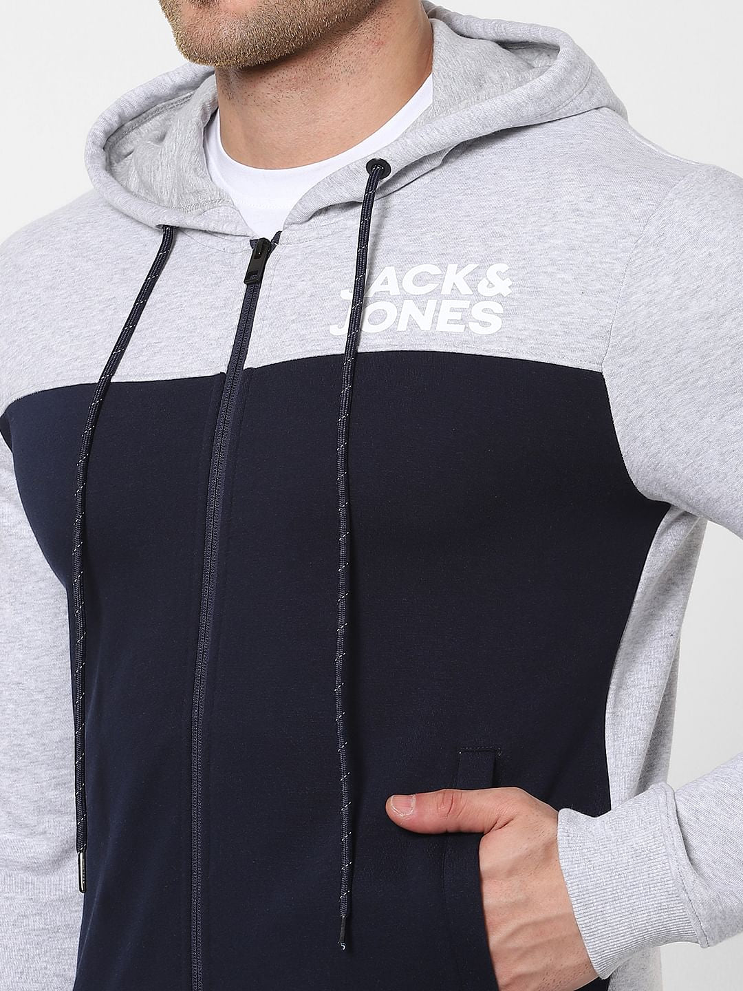 Navy Blue Colourblocked Hooded Sweatshirt