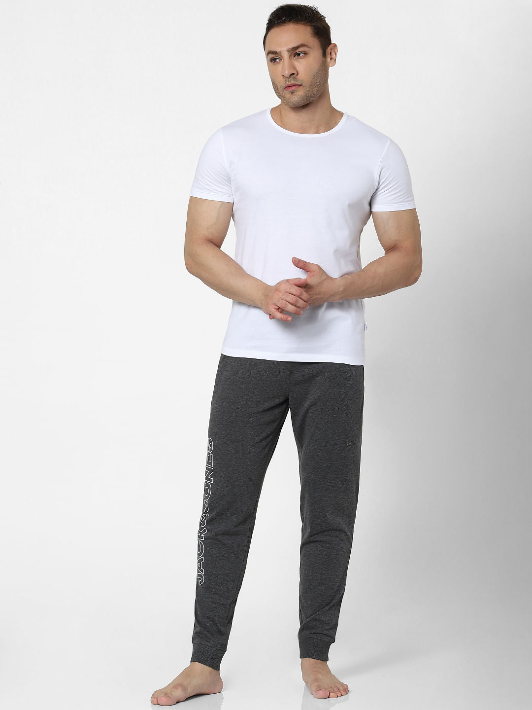 Grey Mid Rise Logo Print Trackpants
