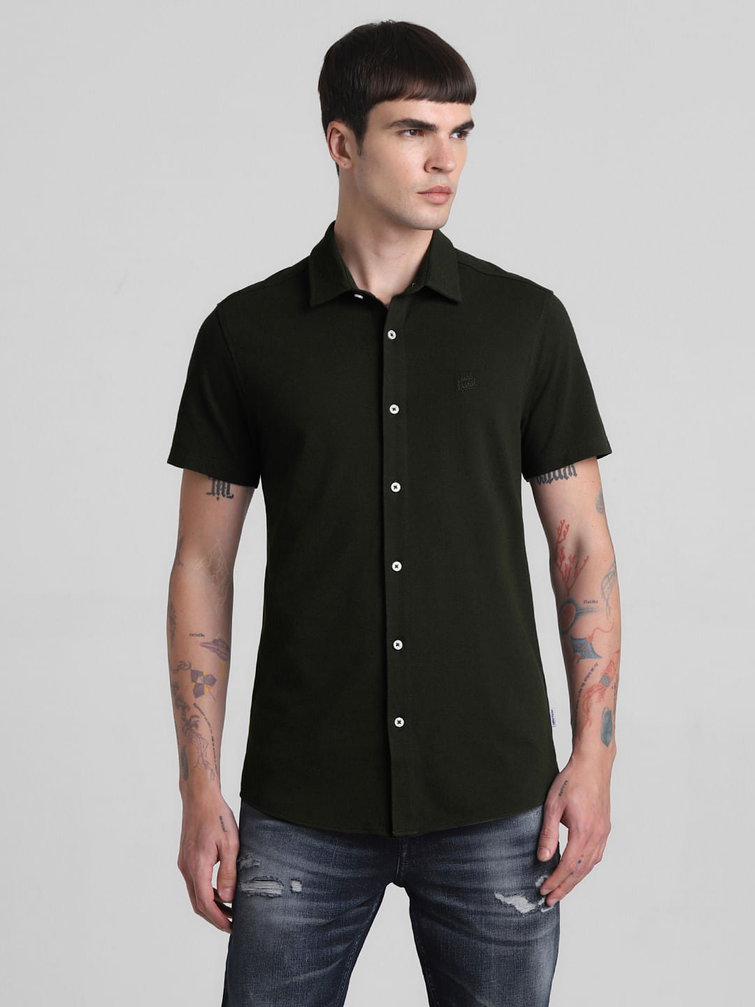 Dark Green Knit Short Sleeves Shirt