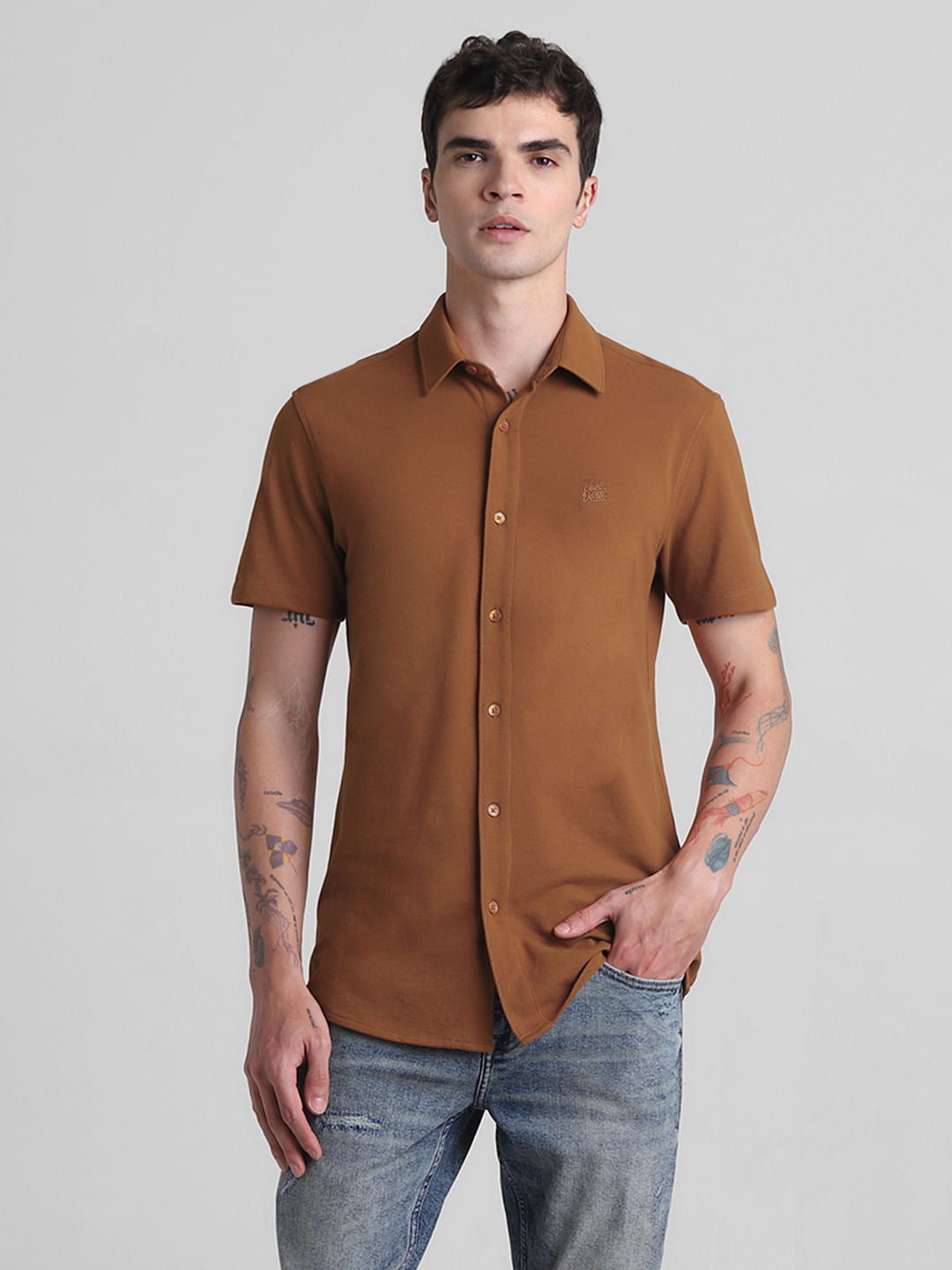 Brown Knitted Short Sleeves Shirt