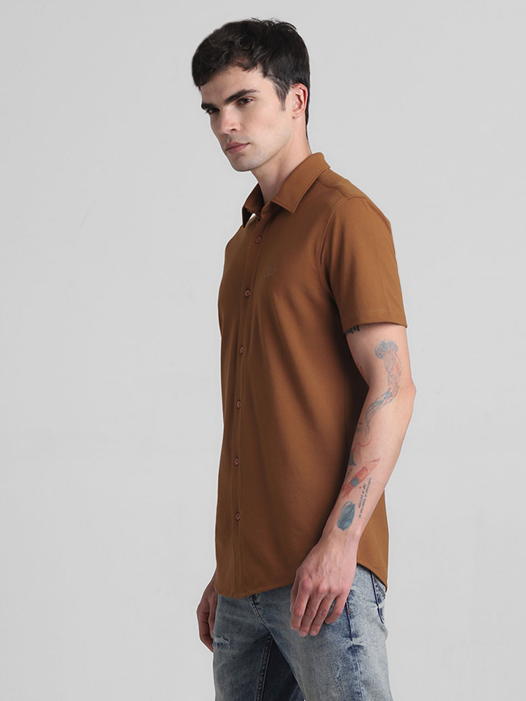 Brown Knitted Short Sleeves Shirt