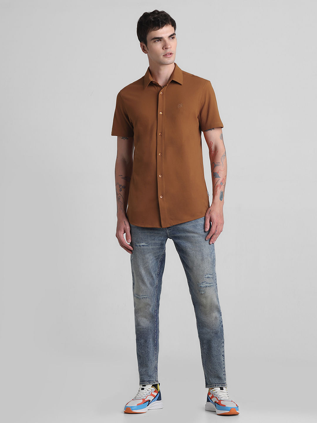 Brown Knitted Short Sleeves Shirt