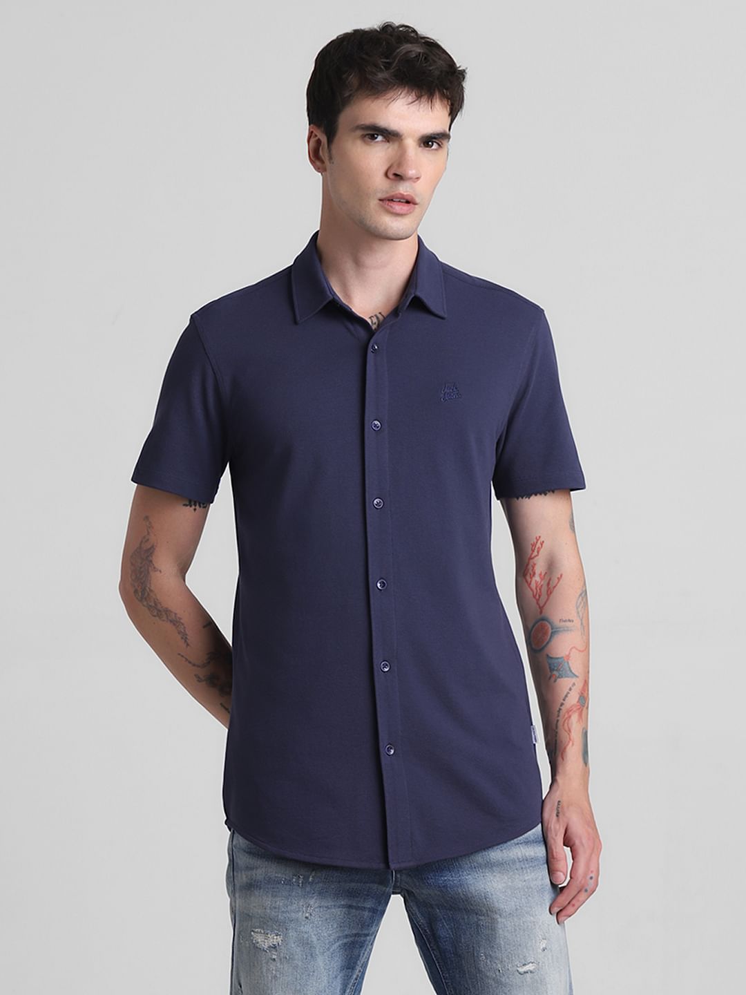Blue Knitted Short Sleeves Shirt