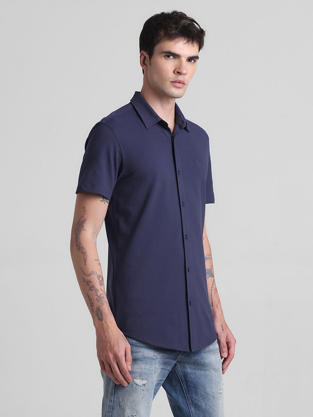 Blue Knitted Short Sleeves Shirt