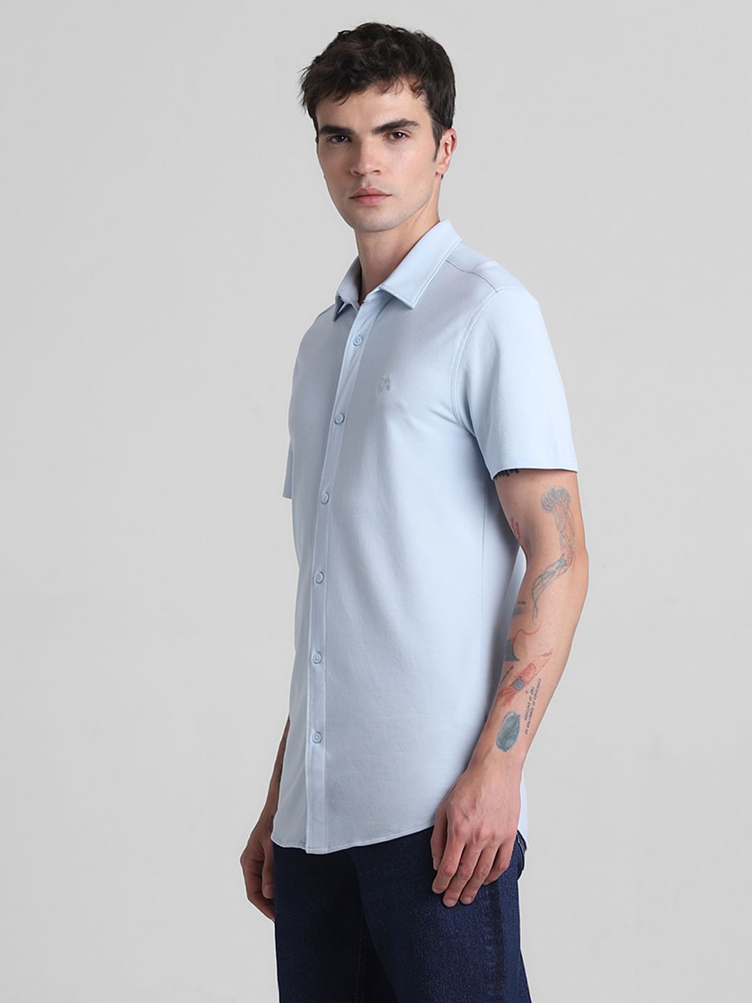 Blue Knitted Short Sleeves Shirt