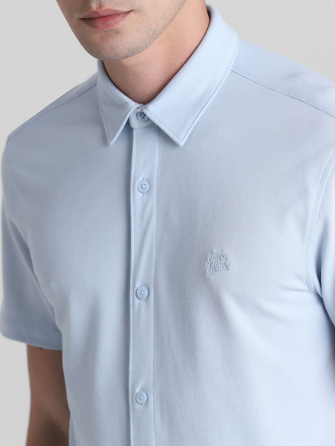 Blue Knitted Short Sleeves Shirt