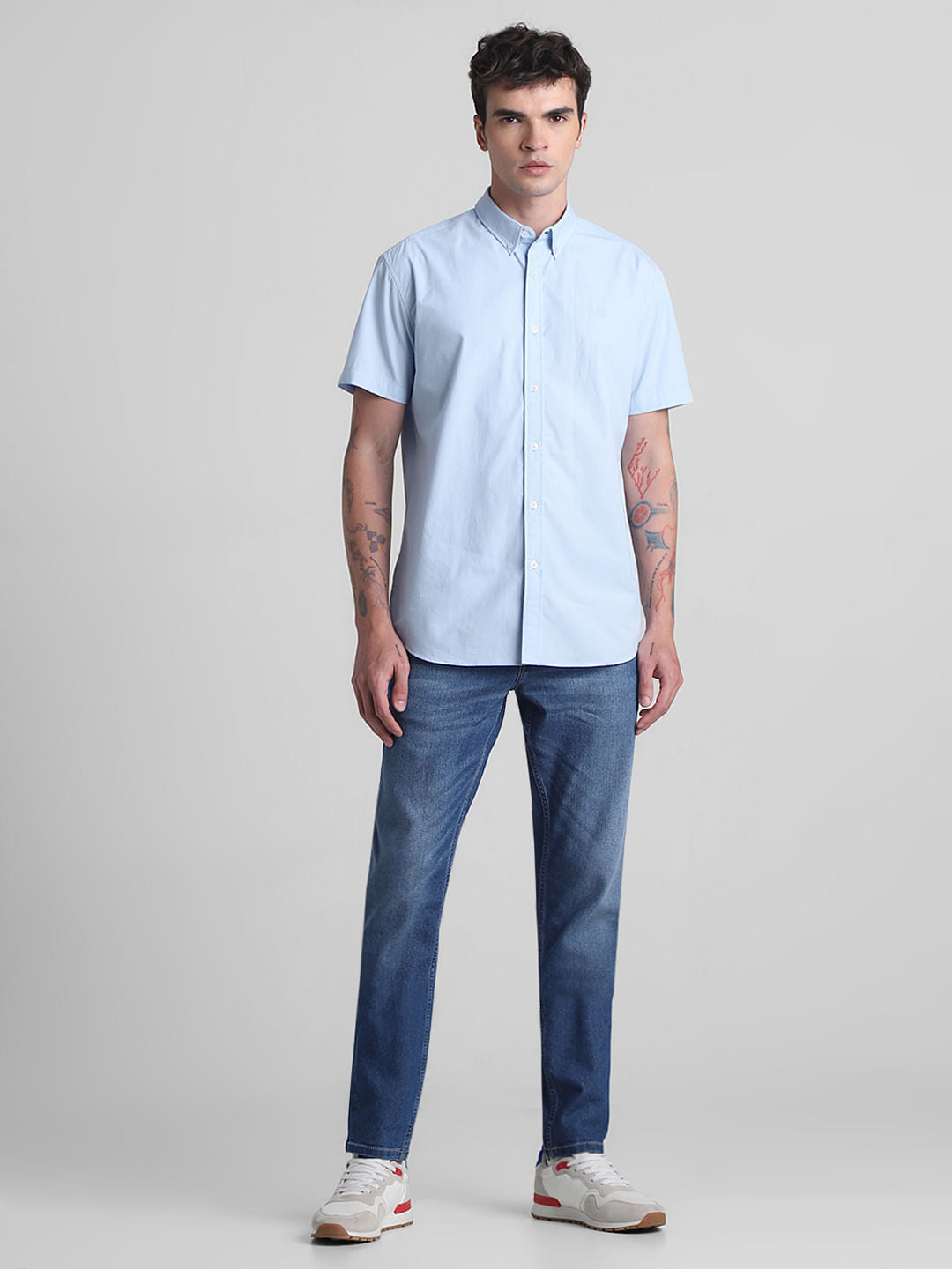 Blue Cotton Short Sleeves Shirt