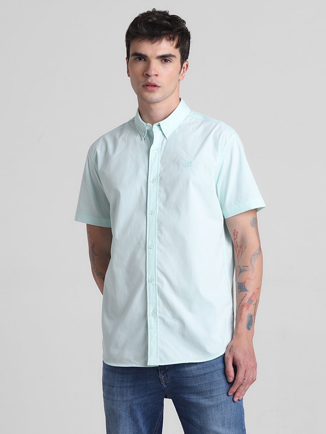 Green Cotton Short Sleeves Shirt