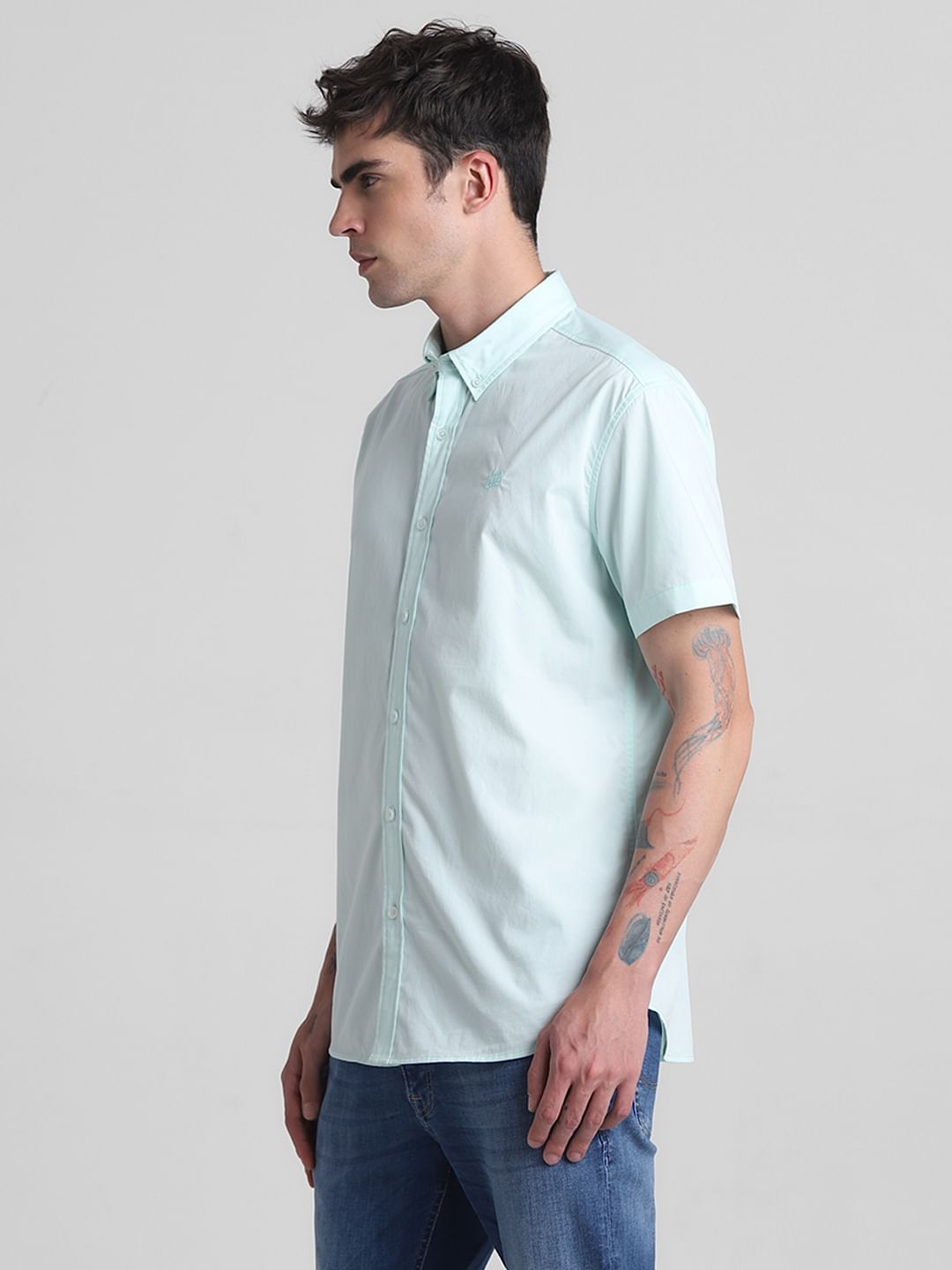 Green Cotton Short Sleeves Shirt