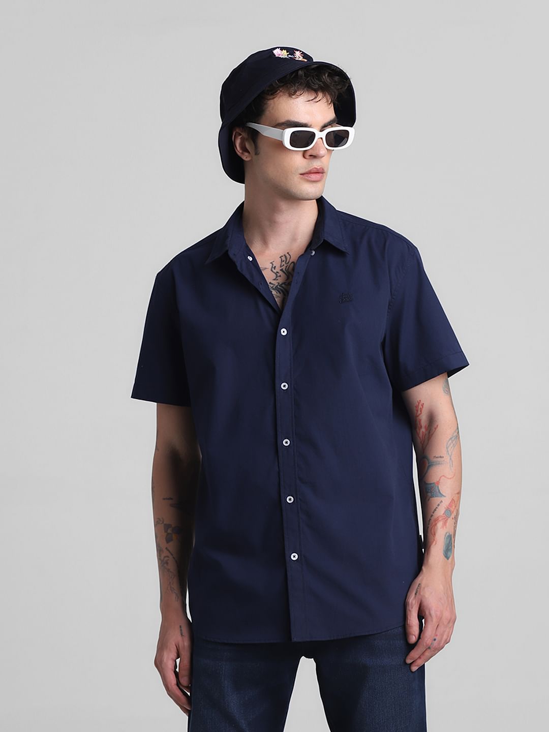 Dark Blue Cotton Short Sleeves Shirt