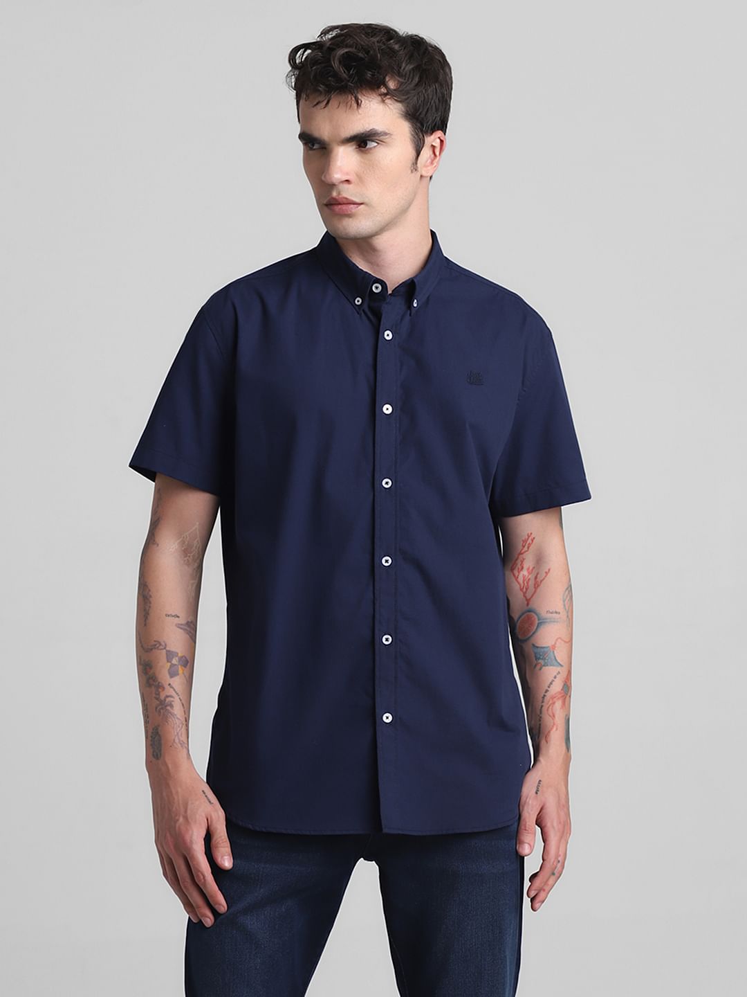 Dark Blue Cotton Short Sleeves Shirt
