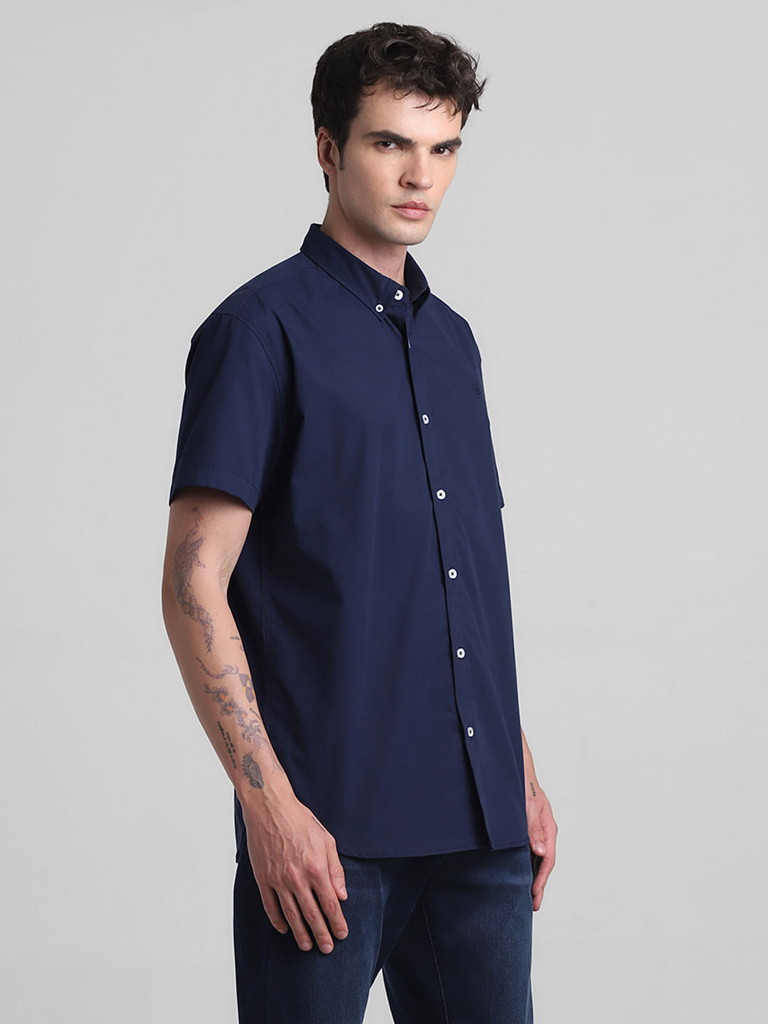 Dark Blue Cotton Short Sleeves Shirt