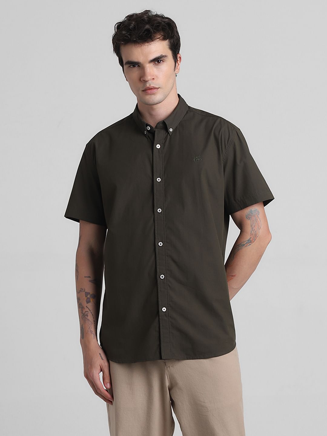 Dark Green Cotton Short Sleeves Shirt