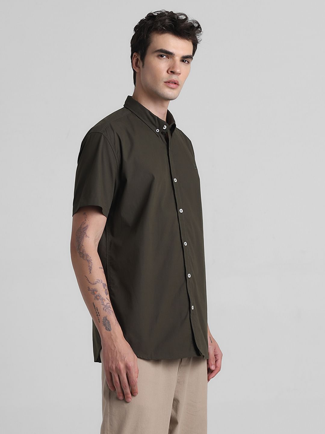 Dark Green Cotton Short Sleeves Shirt