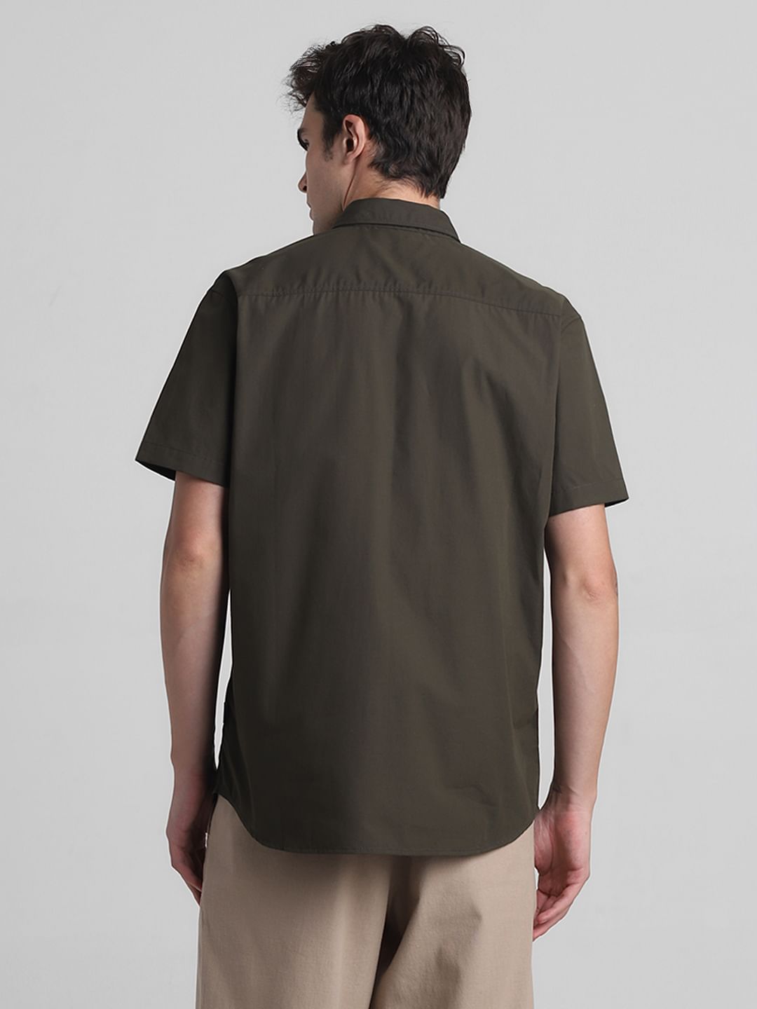 Dark Green Cotton Short Sleeves Shirt