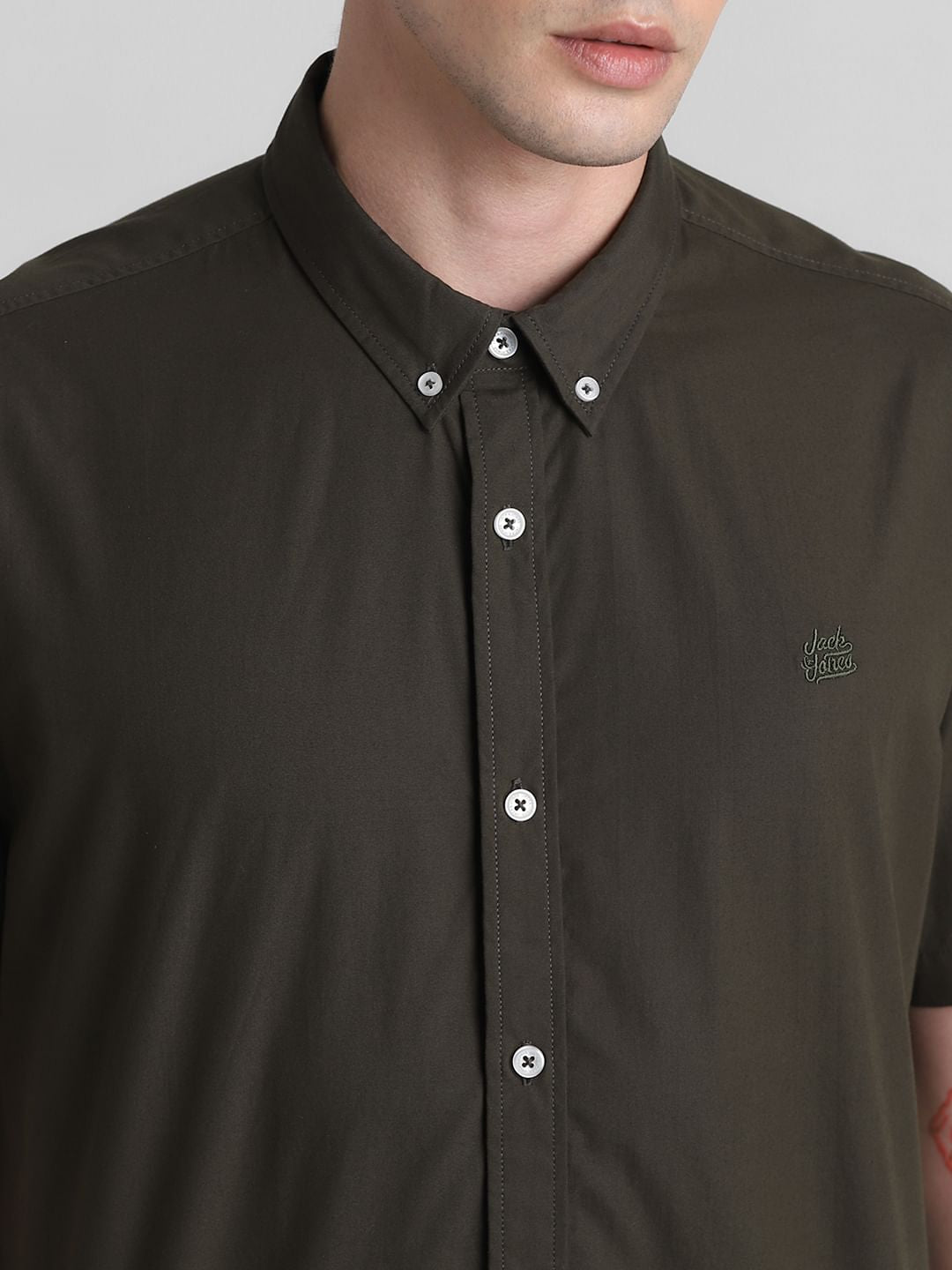 Dark Green Cotton Short Sleeves Shirt