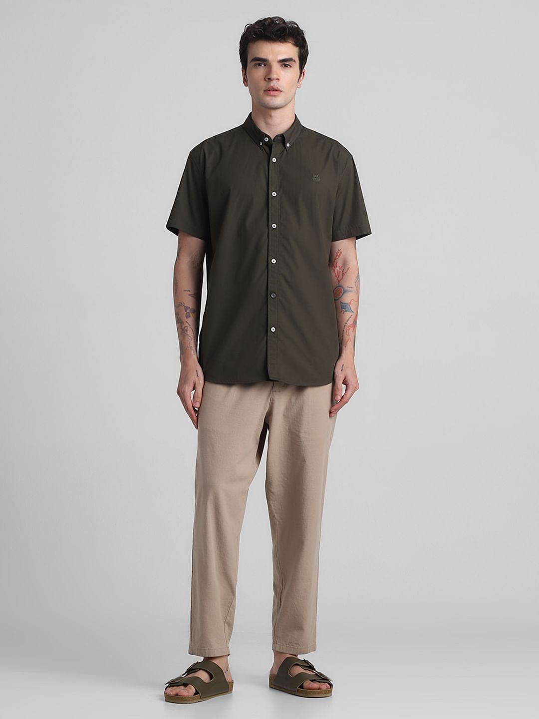 Dark Green Cotton Short Sleeves Shirt