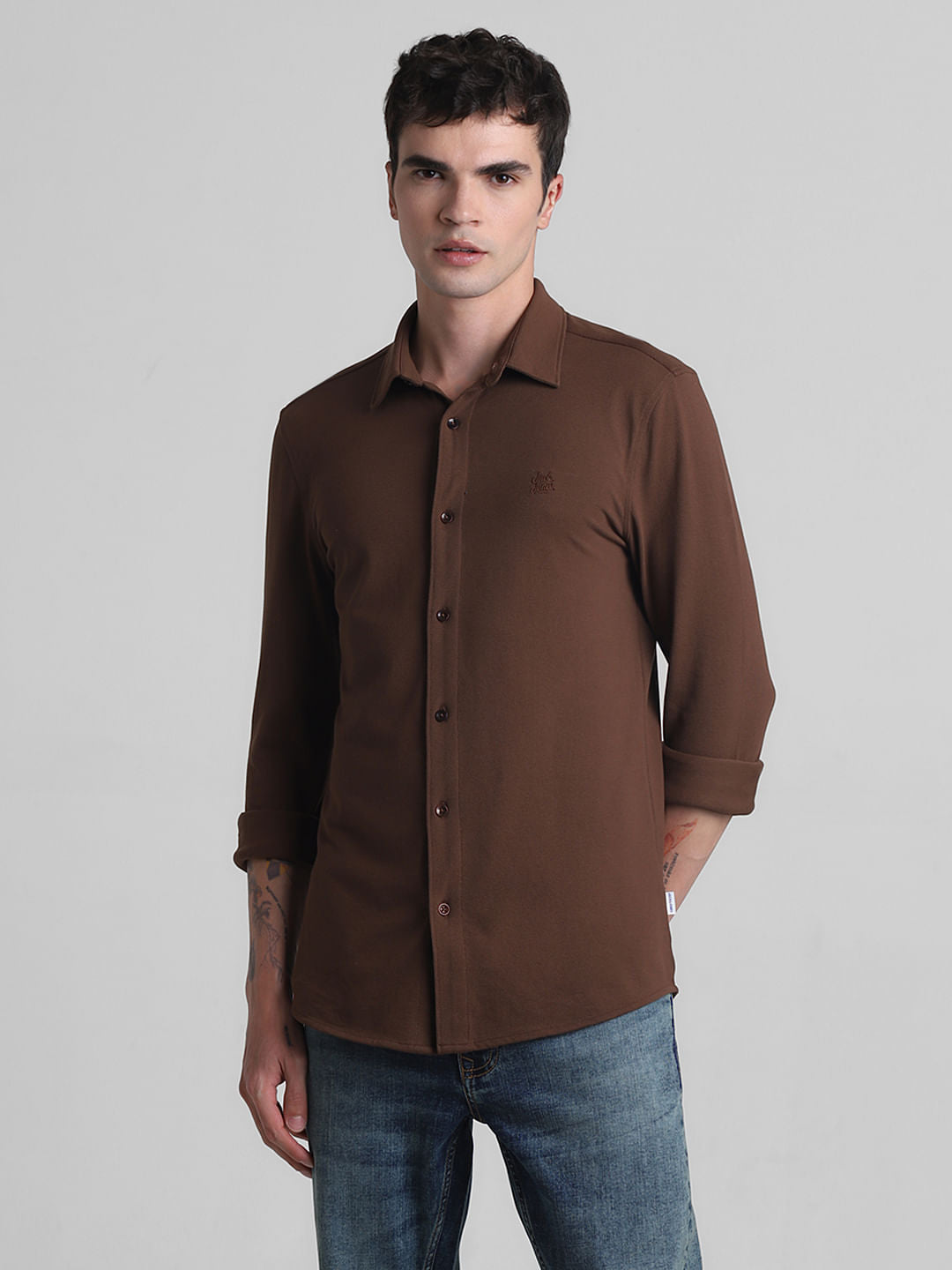 Brown Knitted Full Sleeves Shirt
