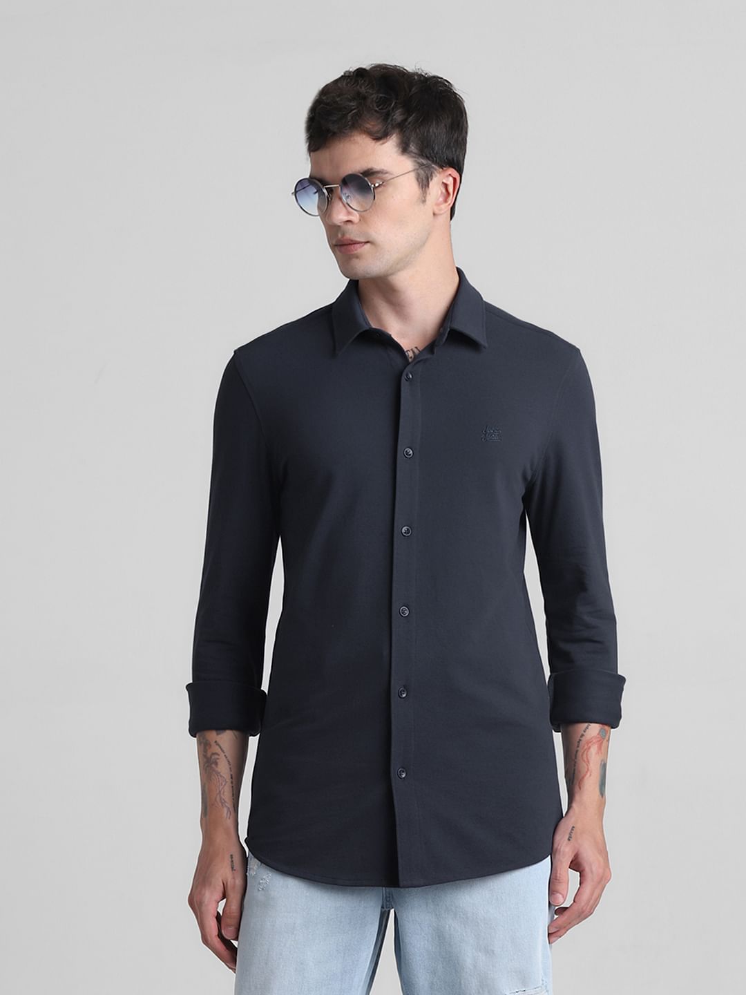 Blue Knitted Full Sleeves Shirt