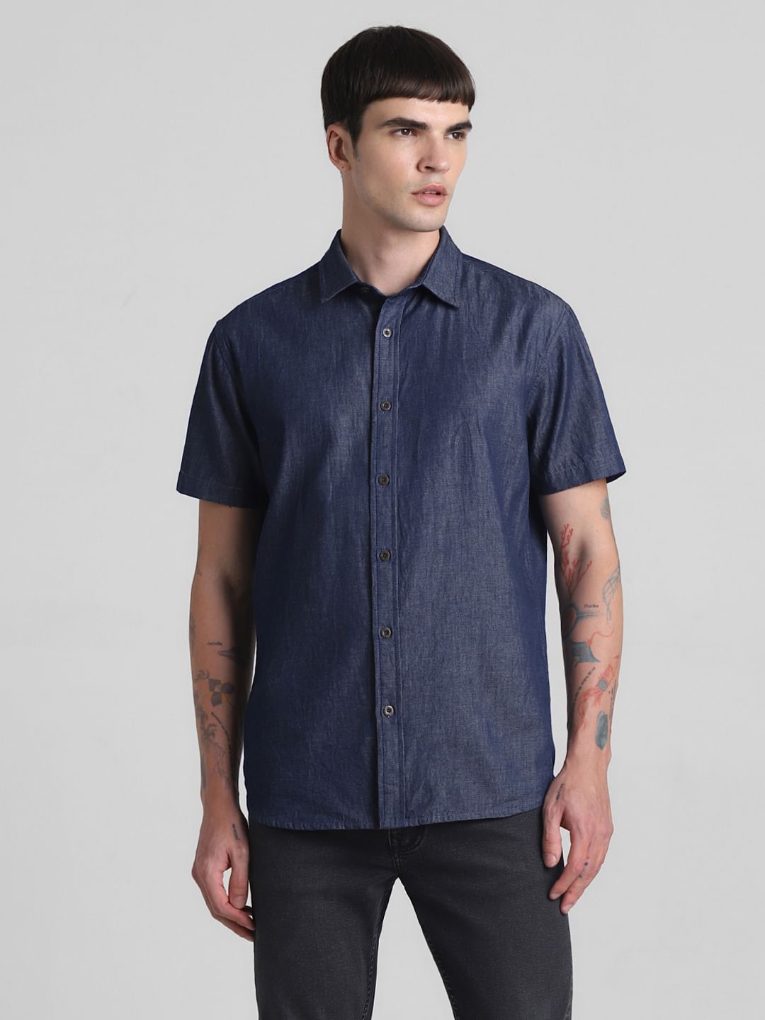 Dark Blue Denim Short Sleeves Shirt