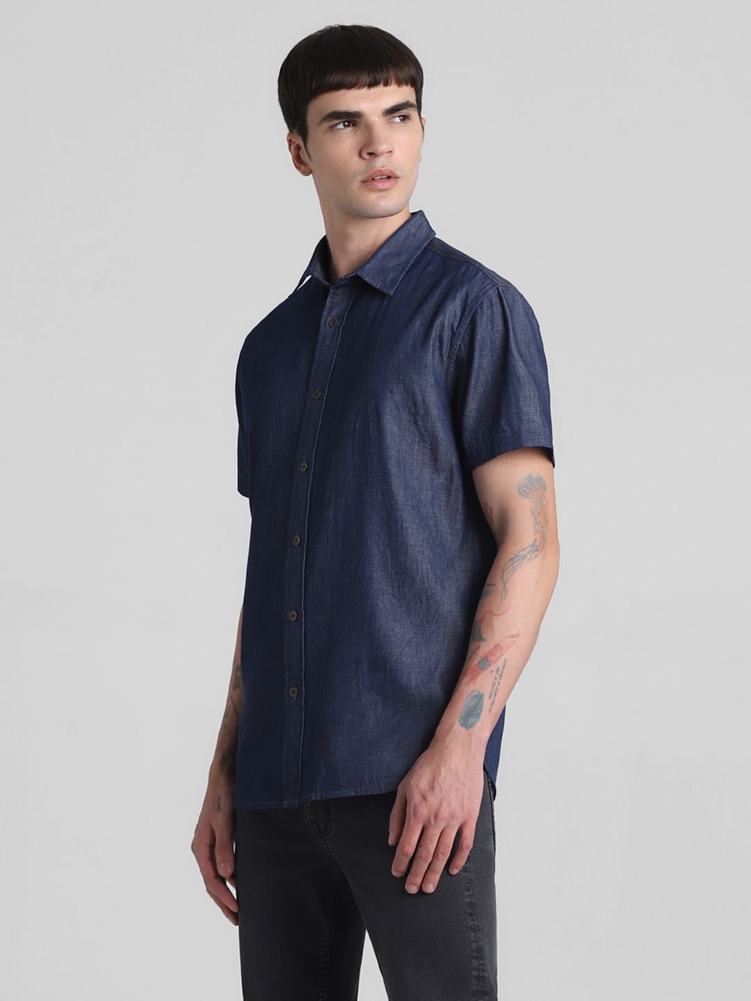 Dark Blue Denim Short Sleeves Shirt
