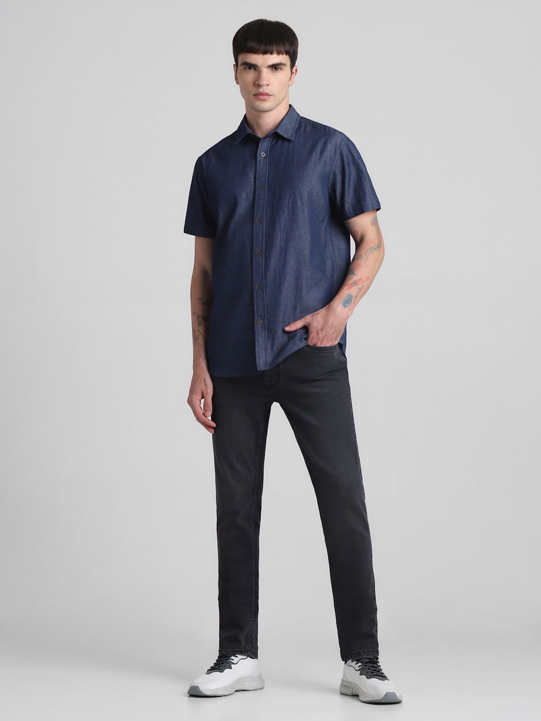 Dark Blue Denim Short Sleeves Shirt